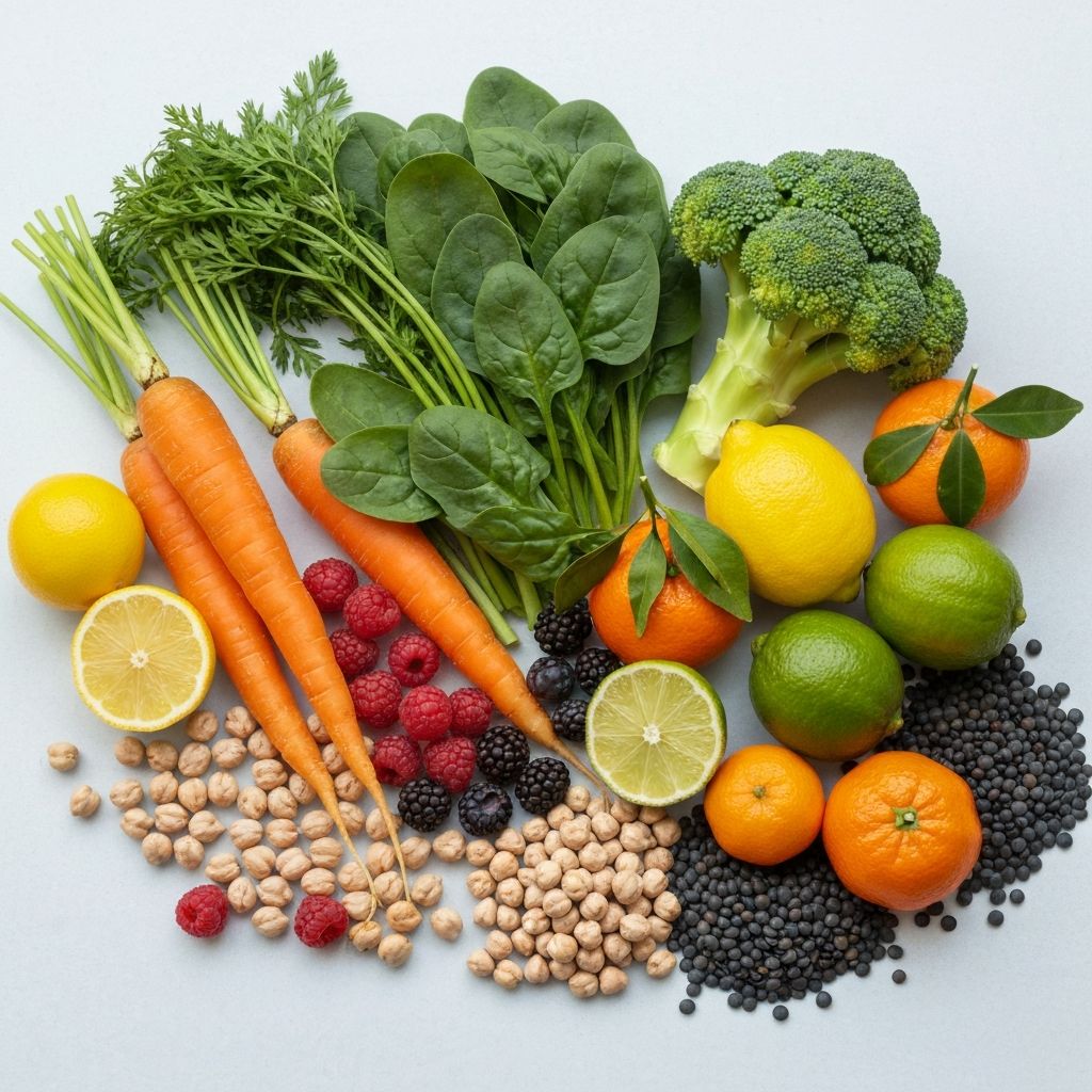 Multiple fresh vegetables and fruits on light background